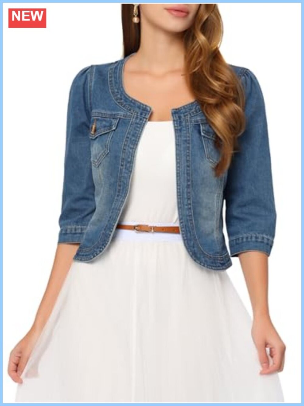 Women's Denim Cardigan 3/4 Sleeve Open Front Jean Jacket